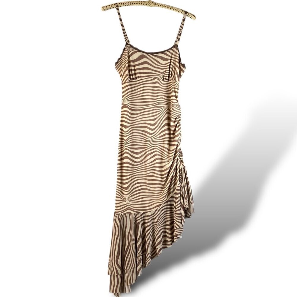 Wild Fable Asymmetric Babydoll Mesh Dress Sz S Brown/Tan Zebra Striped Y2K Core